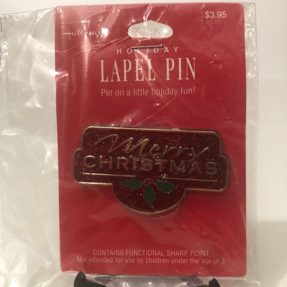 New Vintage Hallmark Lapel Pin Merry Christmas Red Glitter Gold 1992 Brooch